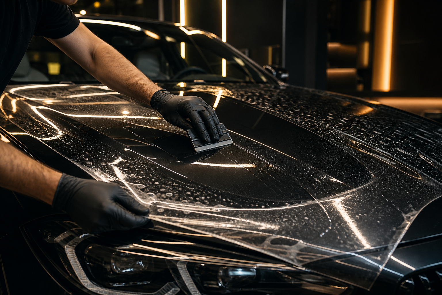 Illustration of clear paint protection film being installed on a vehicle hood