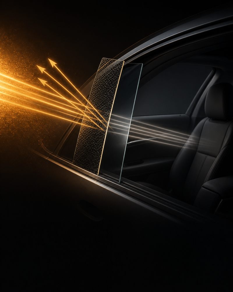 Illustration of nano ceramic window film reflecting infrared heat away from a car cabin